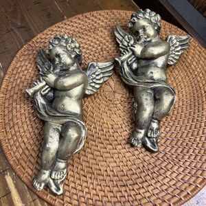 Vintage Chalkware Angel/Cherub Pair Wall Hanging Winged Gold Christmas Decor